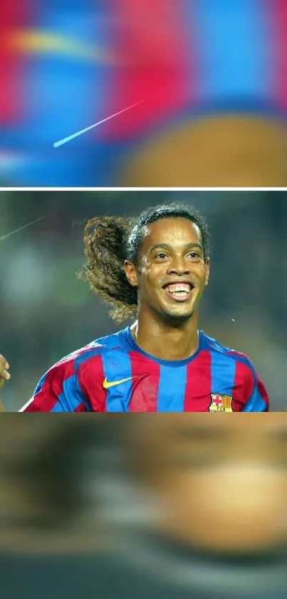 Iconic football player in blue and red jersey with thumbs up.