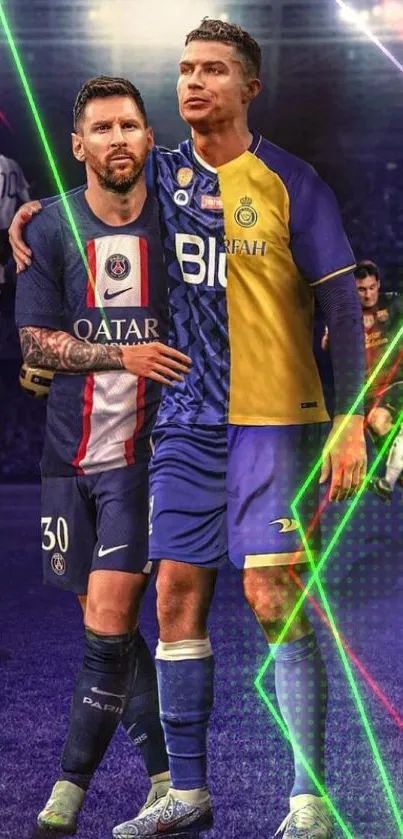 Two iconic football players posing together in contrasting team jerseys.