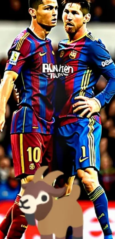 Mobile wallpaper featuring two iconic football players in vibrant jerseys.