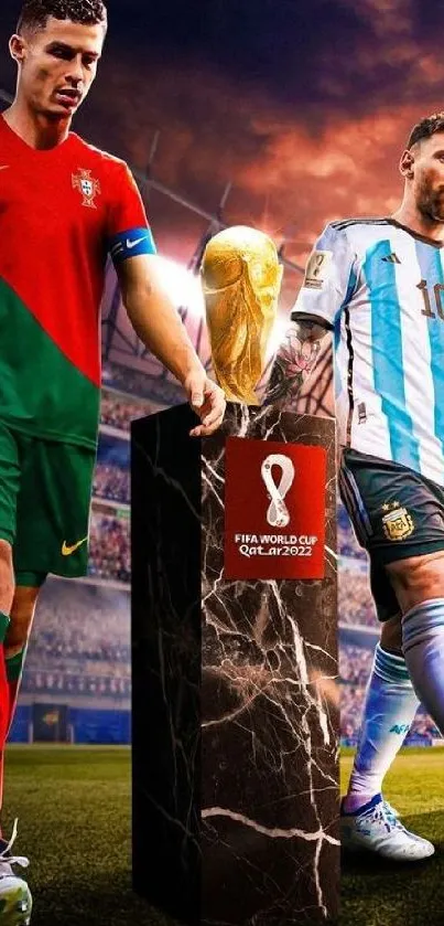 Iconic players in a football rivalry with a glowing stadium backdrop.