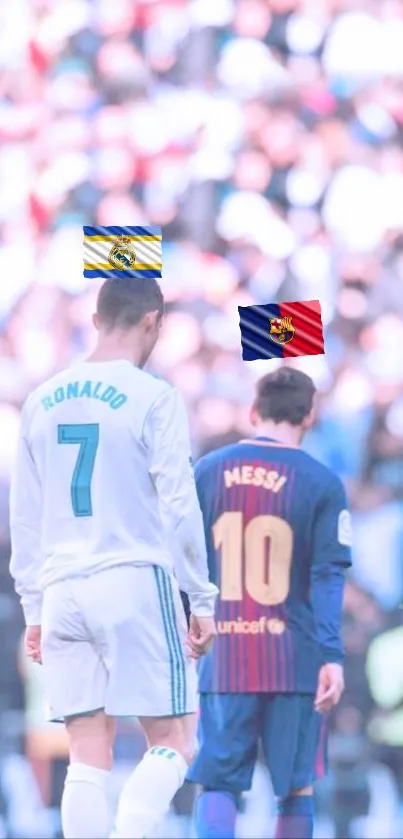 Legendary players facing off on the football field.