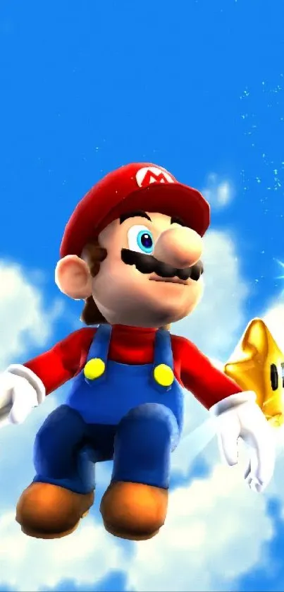 Iconic gaming character with star in blue sky.