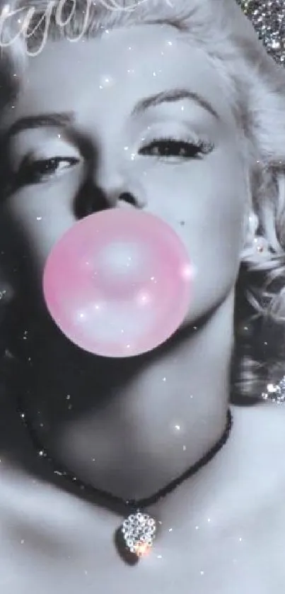 Grayscale portrait with pink bubblegum and glittery silver background.