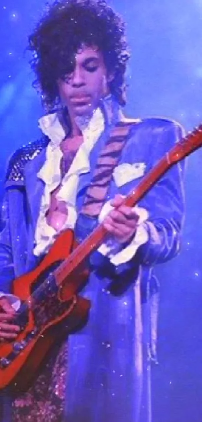 Legendary guitarist on stage with electric guitar, vibrant blue hues.