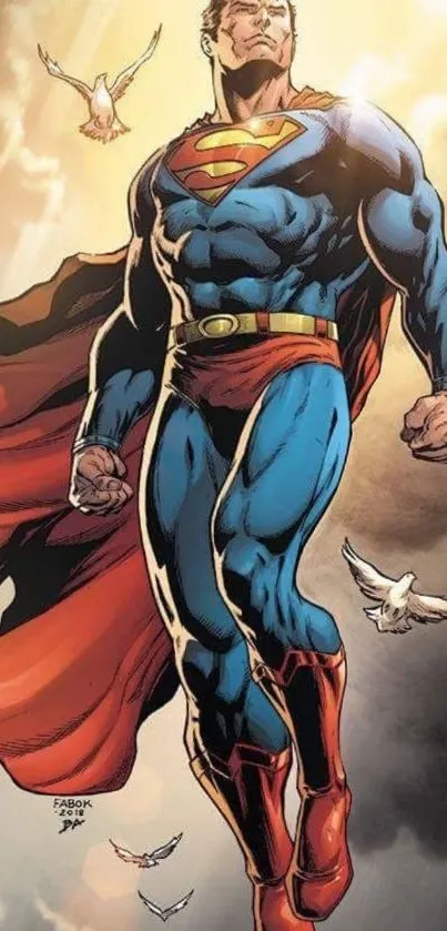Superhero soaring through the sky with cape and doves.