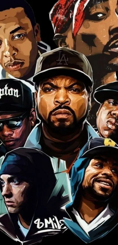 Artistic illustration of iconic hip hop legends in a vibrant, colorful style.