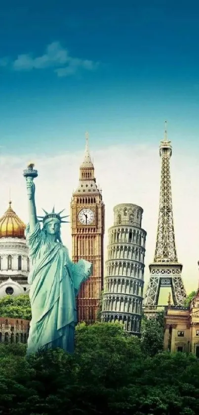 Wallpaper of famous landmarks including the Statue of Liberty and Eiffel Tower.