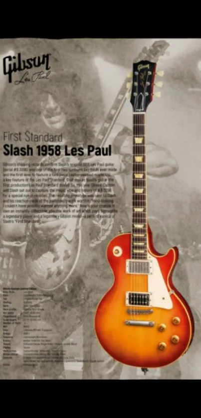 Gibson Slash 1958 Les Paul guitar on vintage wallpaper.