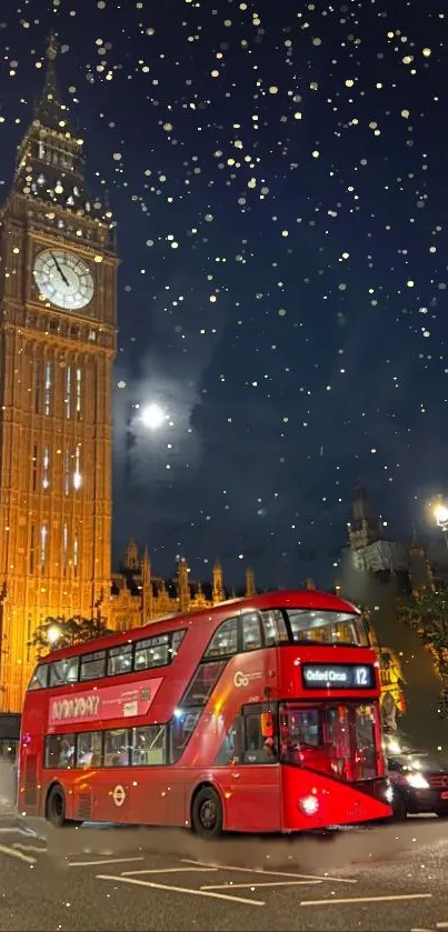 Night view of Big Ben with a red bus and starry sky in London.