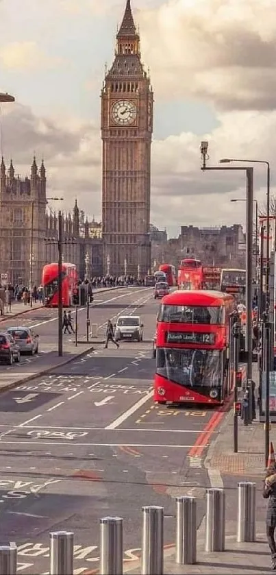 London street with red buses and Big Ben in vibrant cityscape.