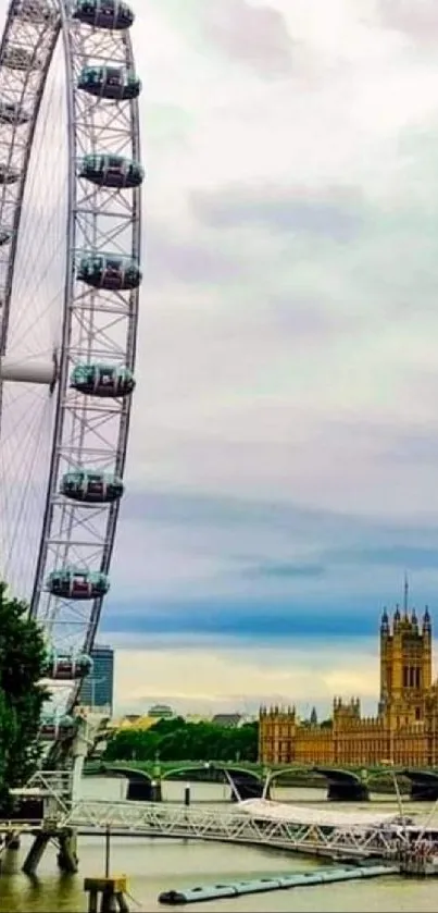 London Eye and Big Ben under a cloudy sky.