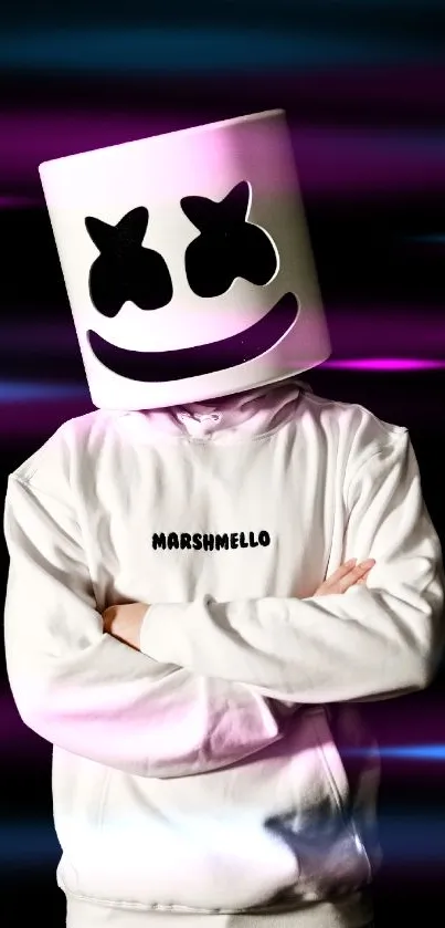 Marshmello in a white outfit against a black background, iconic DJ look.