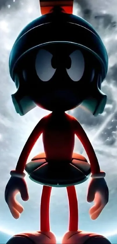 Silhouette of a Martian character with a cosmic background.