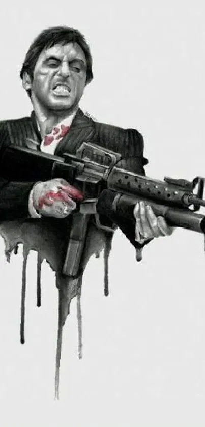 Artistic depiction of an iconic movie character holding a weapon.