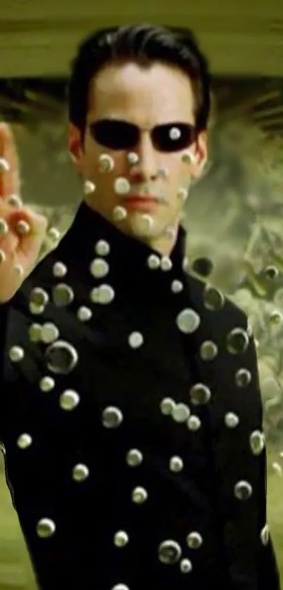 Man stopping bullets in mid-air with hand raised.