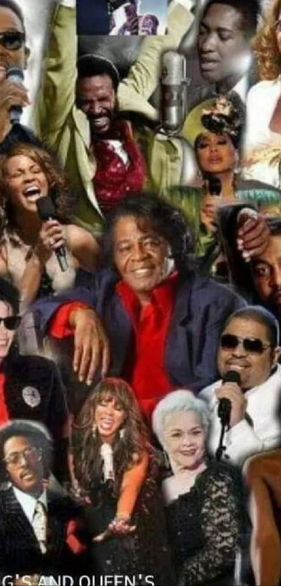 Collage of iconic music legends and famous singers in vibrant artwork.