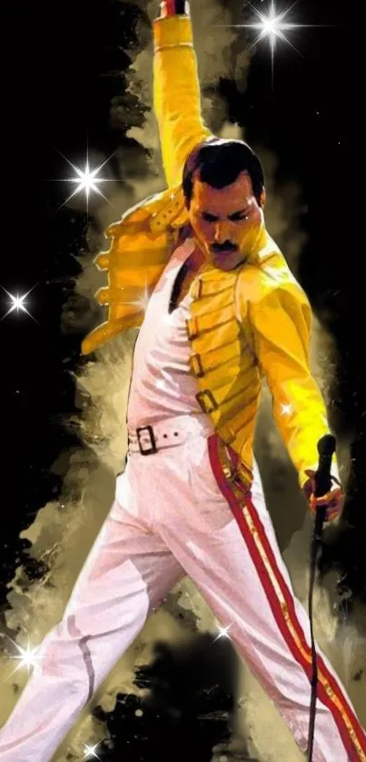 Legendary performer in yellow jacket with dynamic pose on stage.