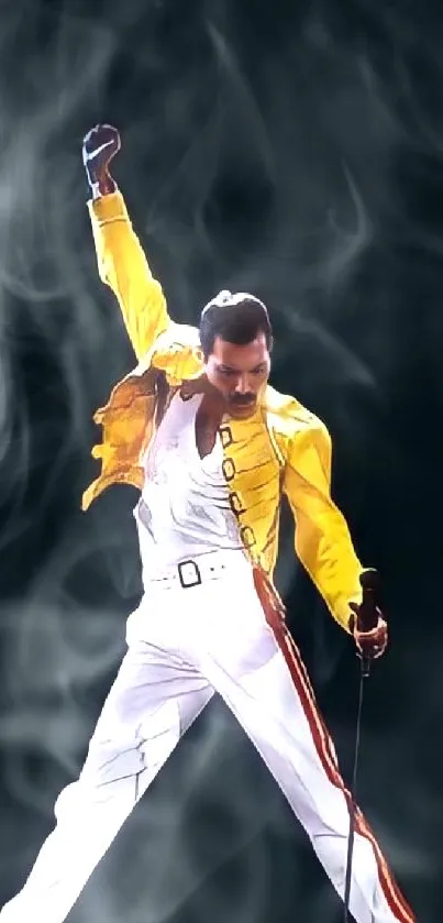 Iconic performer in yellow jacket holding a microphone with a dramatic pose.