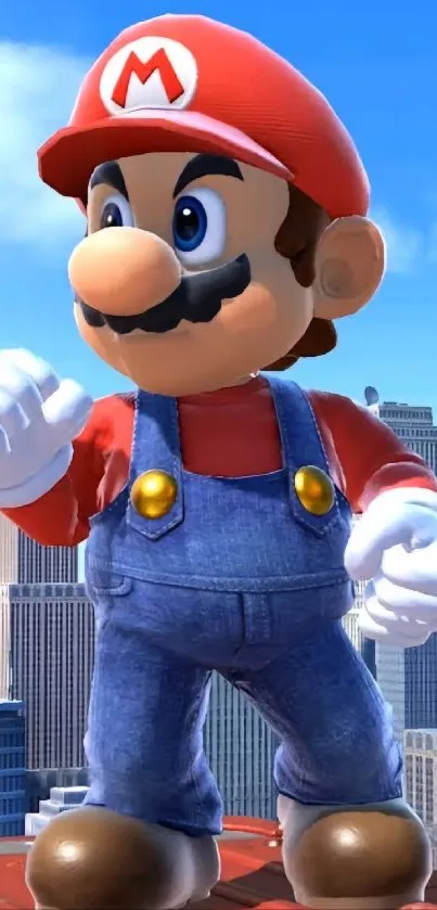 Cartoon plumber in blue overalls stands confidently on a city rooftop.