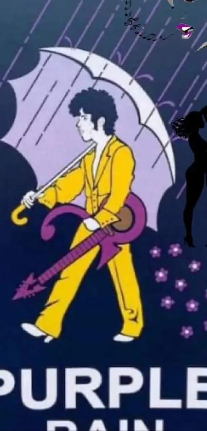 Artwork featuring purple rain theme with iconic design and vivid colors.