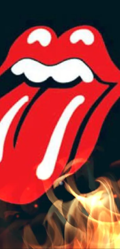 Iconic red lips and tongue design on dark background.