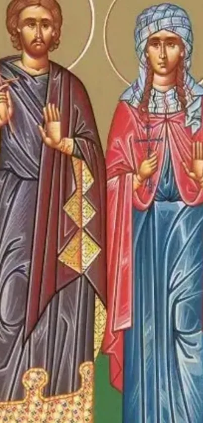 Religious icon wallpaper with saints.