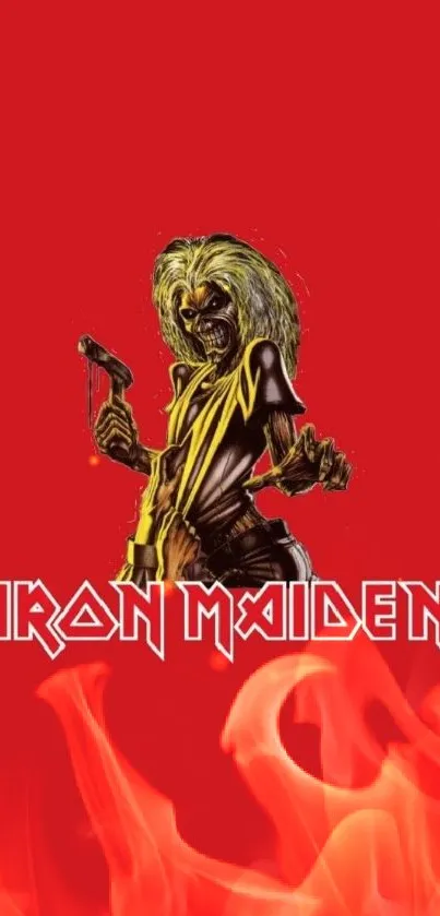 Bold Iron Maiden character on red background for mobile wallpaper.