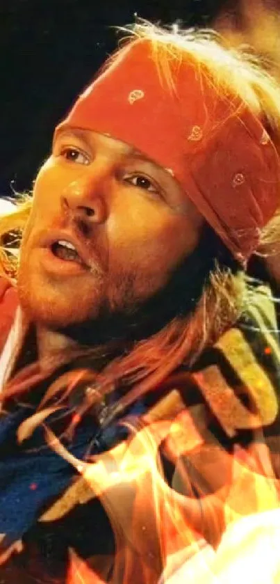 Rock star wearing bandana with flag backdrop.