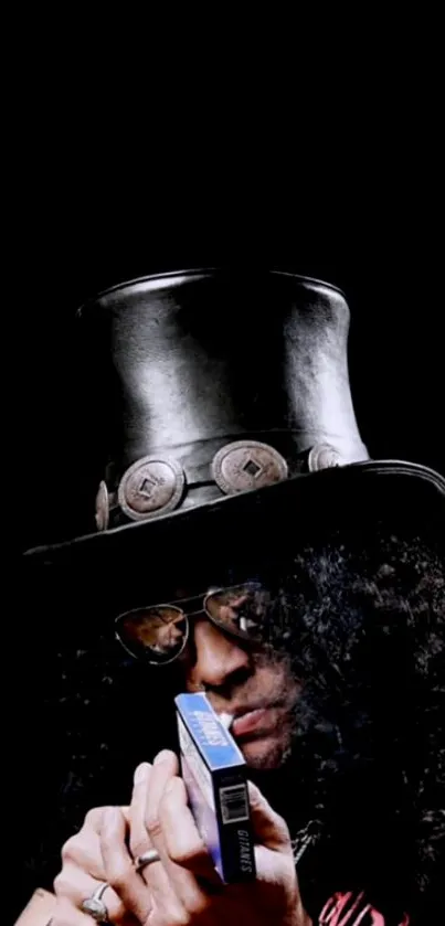 Rock star with top hat on a dark background.