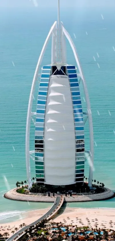 Aerial view of iconic seaside tower against turquoise ocean.