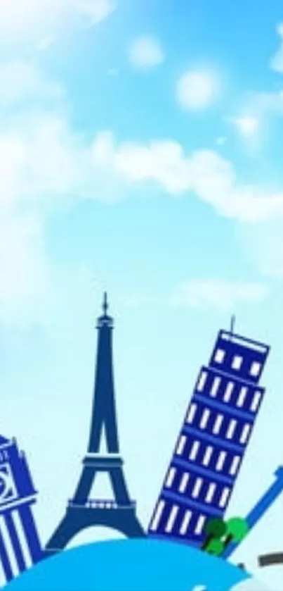 Skyline of iconic landmarks drawn against a bright sky.