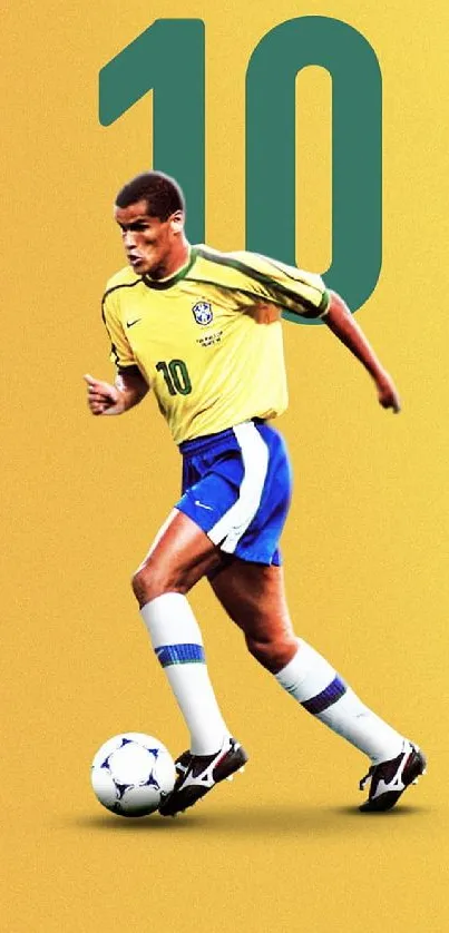 Iconic soccer player in action on gold backdrop mobile wallpaper.