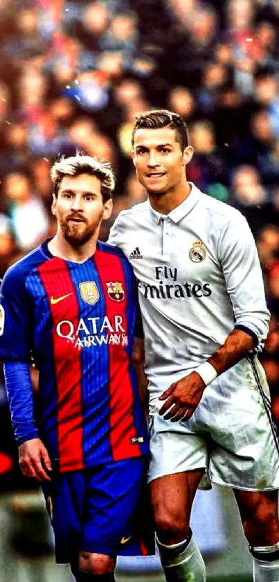 Two iconic soccer players sharing a moment on the field.