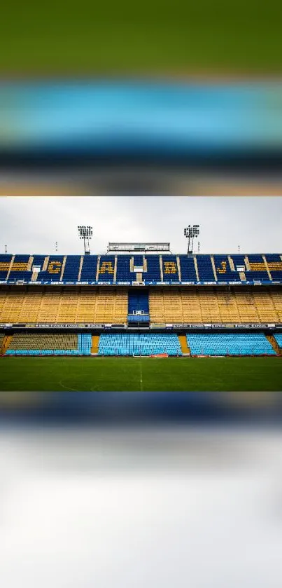 Vibrant blue and yellow stadium with empty seats.