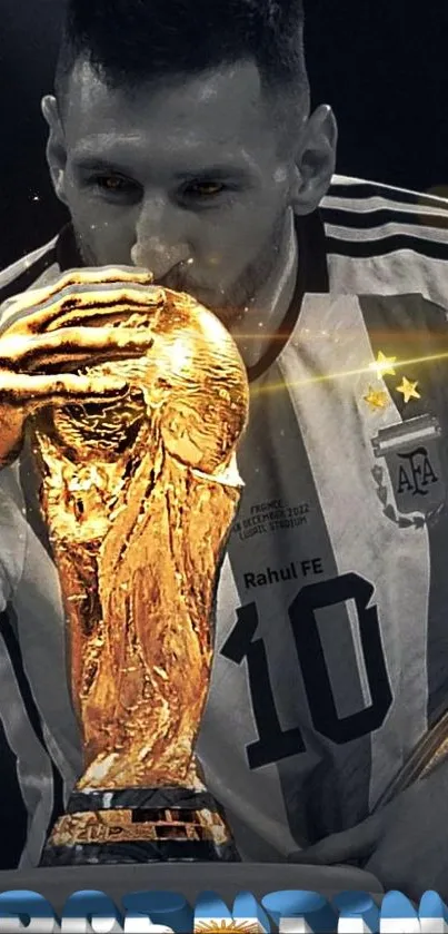 Celebrated soccer player with trophy in gold-themed wallpaper.