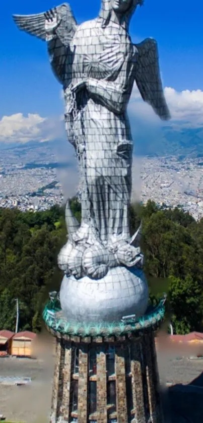 Iconic statue with cityscape backdrop and vibrant blue sky.