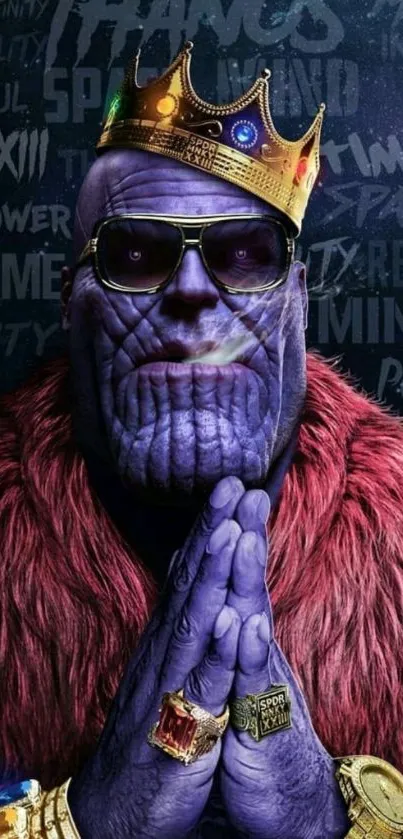 Thanos wearing crown in vibrant wallpaper.