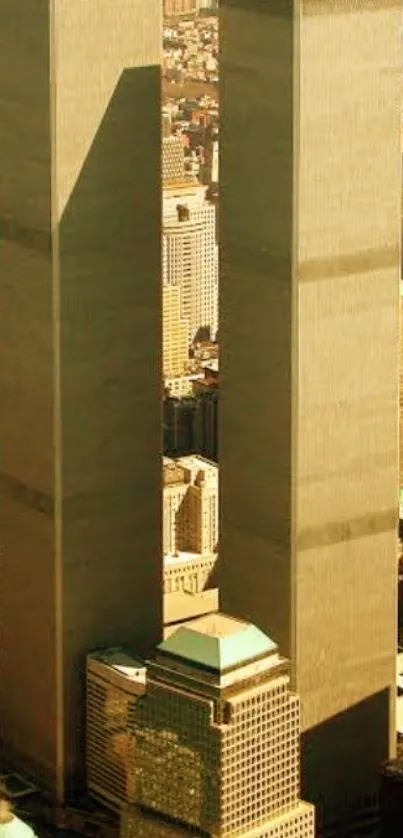 Aerial view of the historic Twin Towers in New York's skyline on a sunny day.