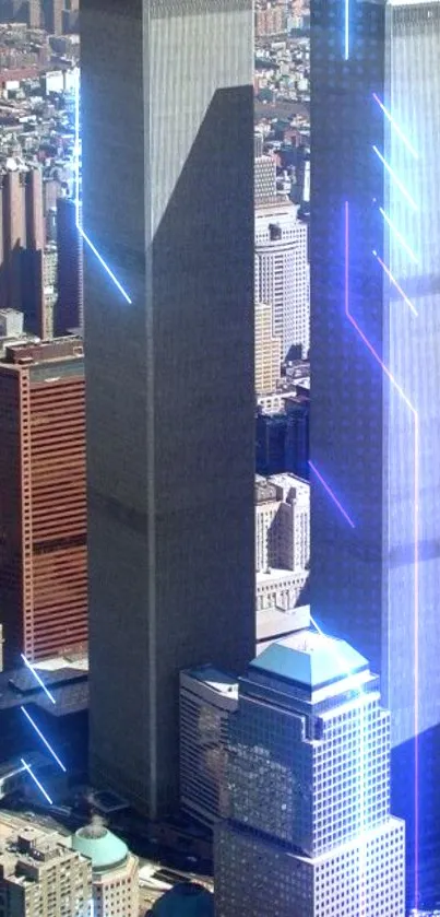 Aerial view of Twin Towers and NYC skyline.