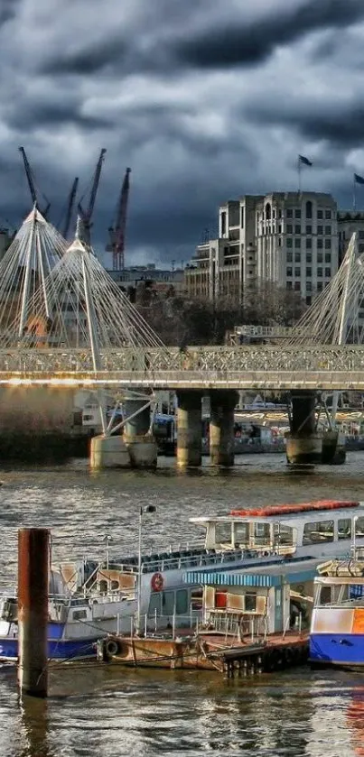 Mobile wallpaper of a bridge over a river with boats under cloudy skies.