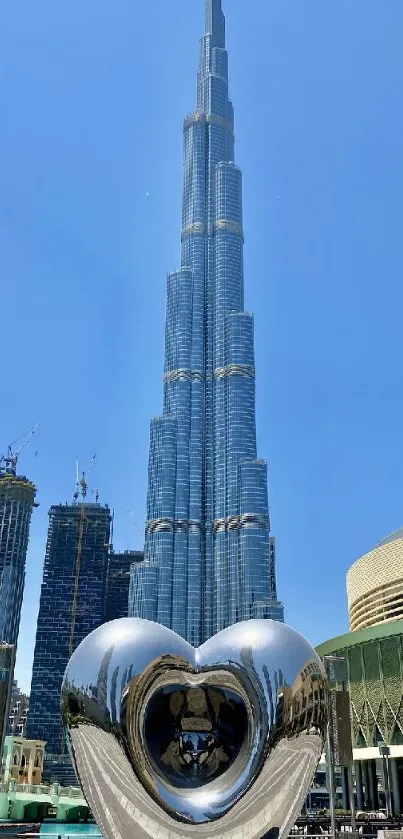 City skyline with iconic skyscraper and heart sculpture.