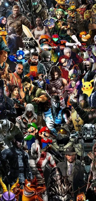 Collage of famous video game characters on a vibrant mobile wallpaper.