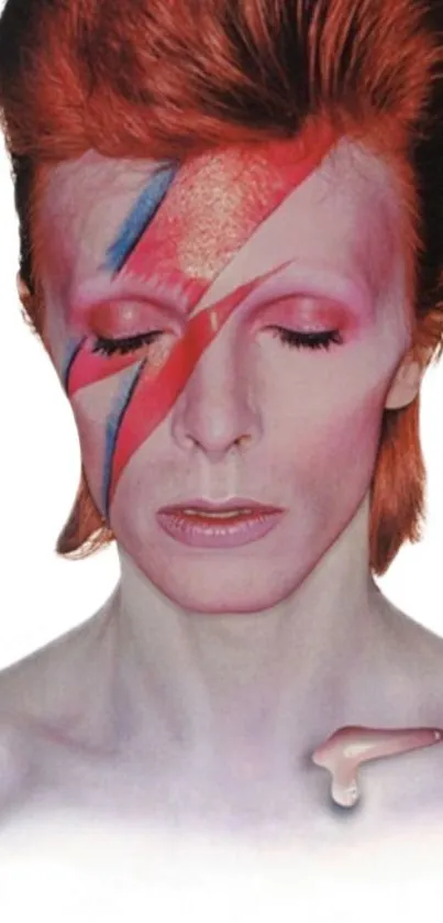 Ziggy Stardust portrait with red lightning bolt face paint.