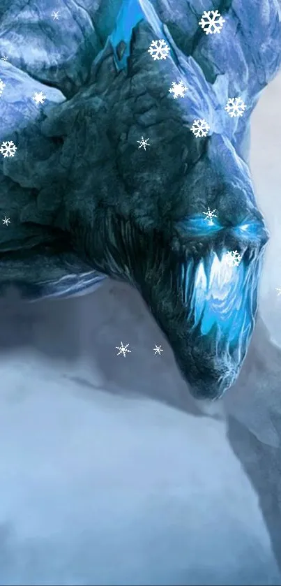 Fantasy artwork of icy creature with snowflakes.