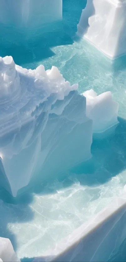 Icy blue architectural structures over water.