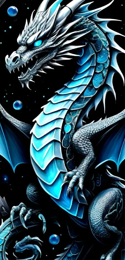 A striking blue dragon with icy scales, glowing eyes, and mystical background.