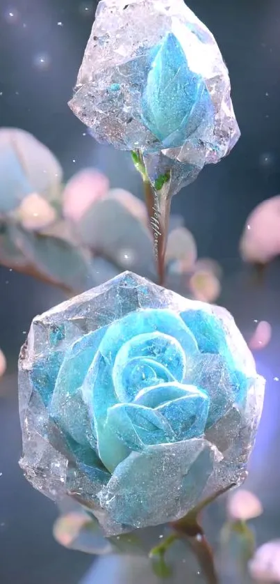 Icy blue crystal rose with intricate detail.