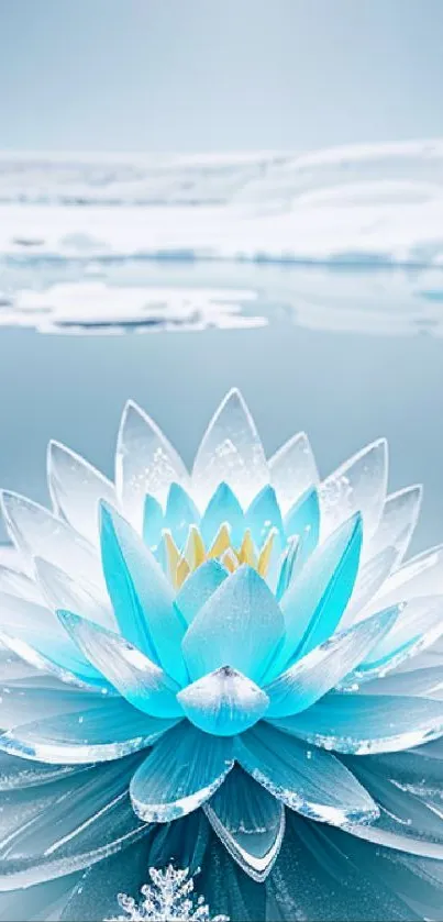 Icy blue lotus on serene snowy water background.