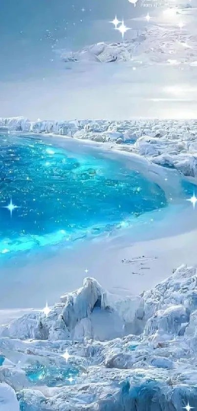 Icy blue ocean scene with snow-covered rocks.