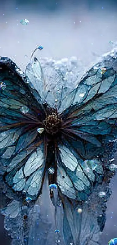 Icy butterfly art with intricate blue details.